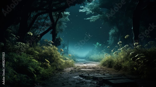 Roman road encircled by bioluminescent plants casting ethereal glow