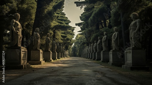 Roman road lined with colossal statues of mythical creatures guarding the path photo