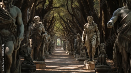 Roman road adorned with towering statues of mythical creatures watching over the path