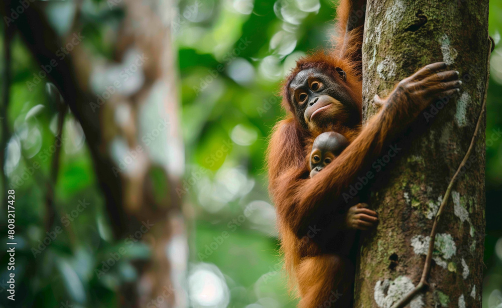 Fototapeta premium Orangutan climbing a tree, carrying its young.
