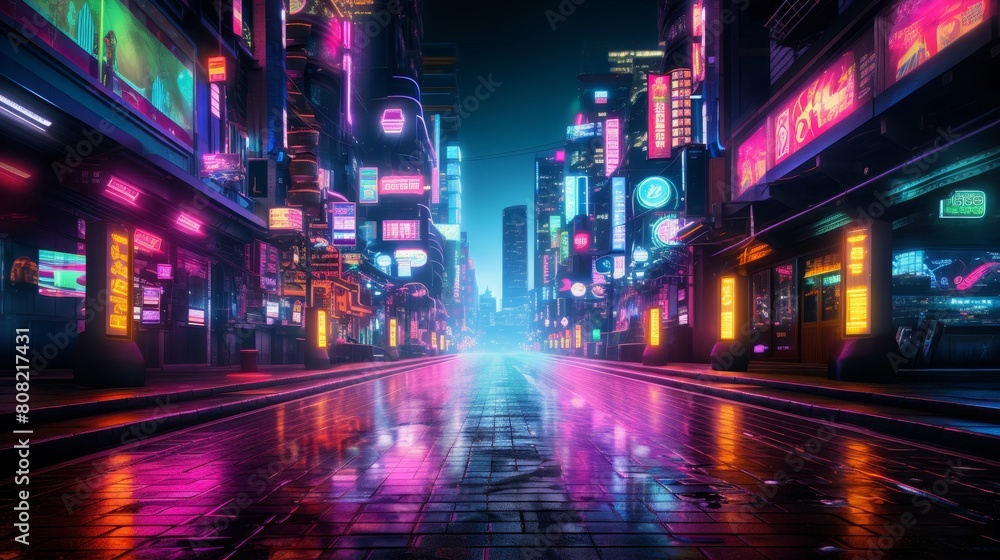 Roman road in a cyberpunk city with neon lights and holographic ads