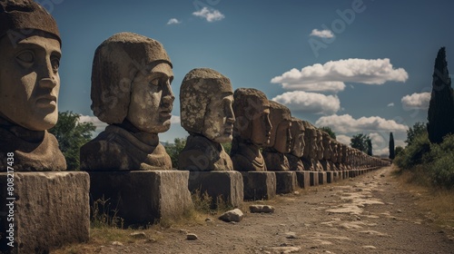 Roman road bordered by colossal stone heads of Roman emperors vigilant photo