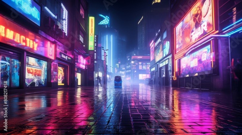 Roman road in a cyberpunk metropolis with neon lights and holographic displays