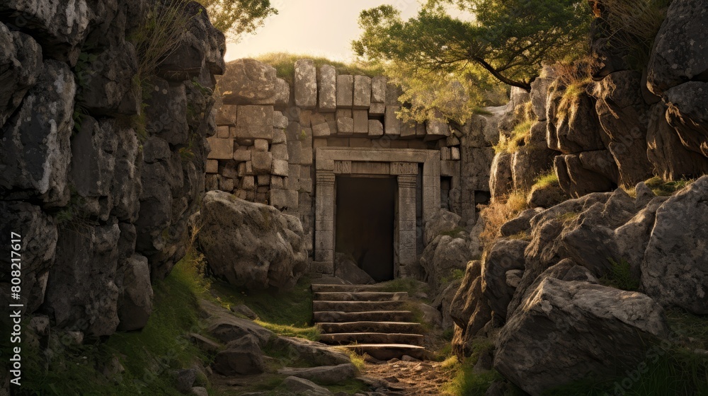 Roman road guiding to a concealed temple within a mountain with colossal stone doors