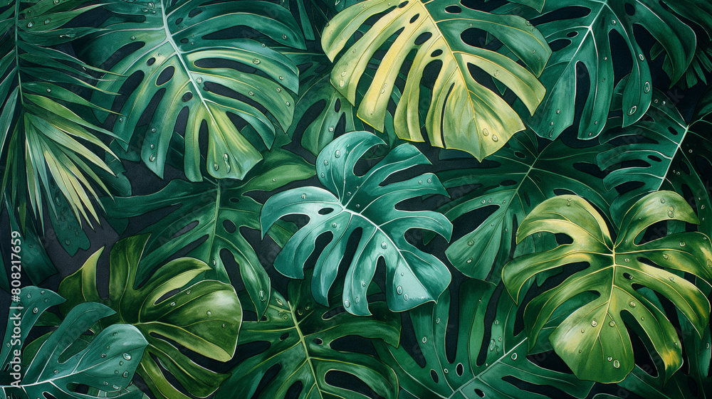 A painting of a lush green jungle with large leaves A painting of a lush green jungle with large leaves