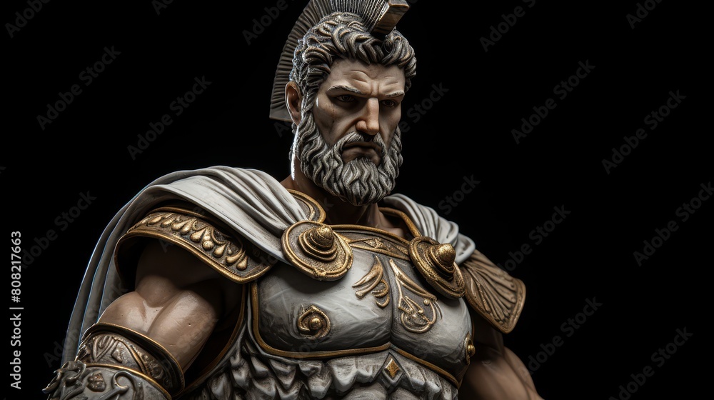 Lifelike Roman marble statue of a heroic warrior wearing elaborate armor and a stern face