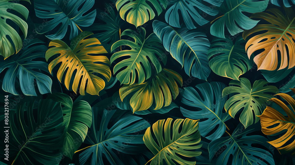 A painting of a lush green jungle with many leaves and vines