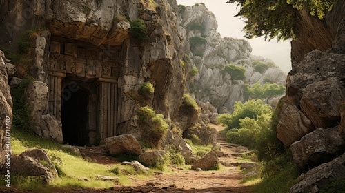 Roman road leading to an ancient temple hidden within a mountain with massive stone doors photo
