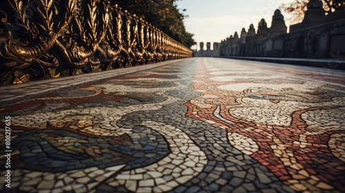 Roman road adorned with ornate mosaics depicting mythical creatures and scenes