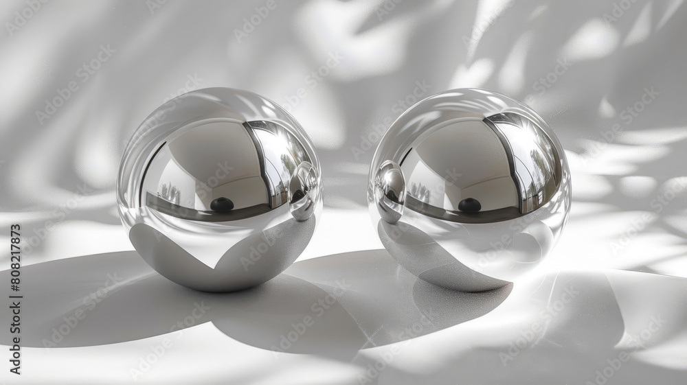 Two reflective spheres on a white background with shadows Two reflective spheres on a white background with shadows