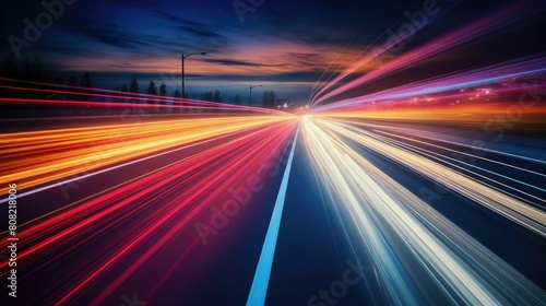 A blurred highway at night, with streaks of light from passing cars creating dynamic lines