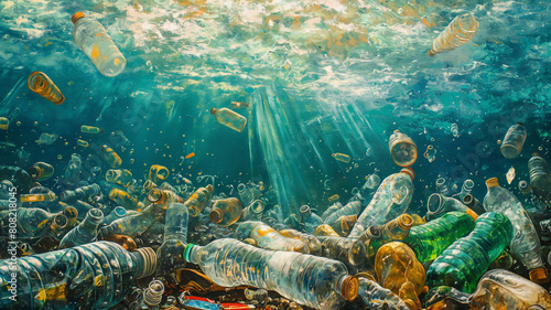 A painting of a sea filled with plastic bottles