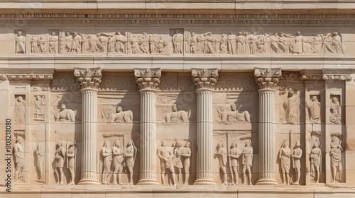 Carving of Roman temple facade featuring columns and friezes