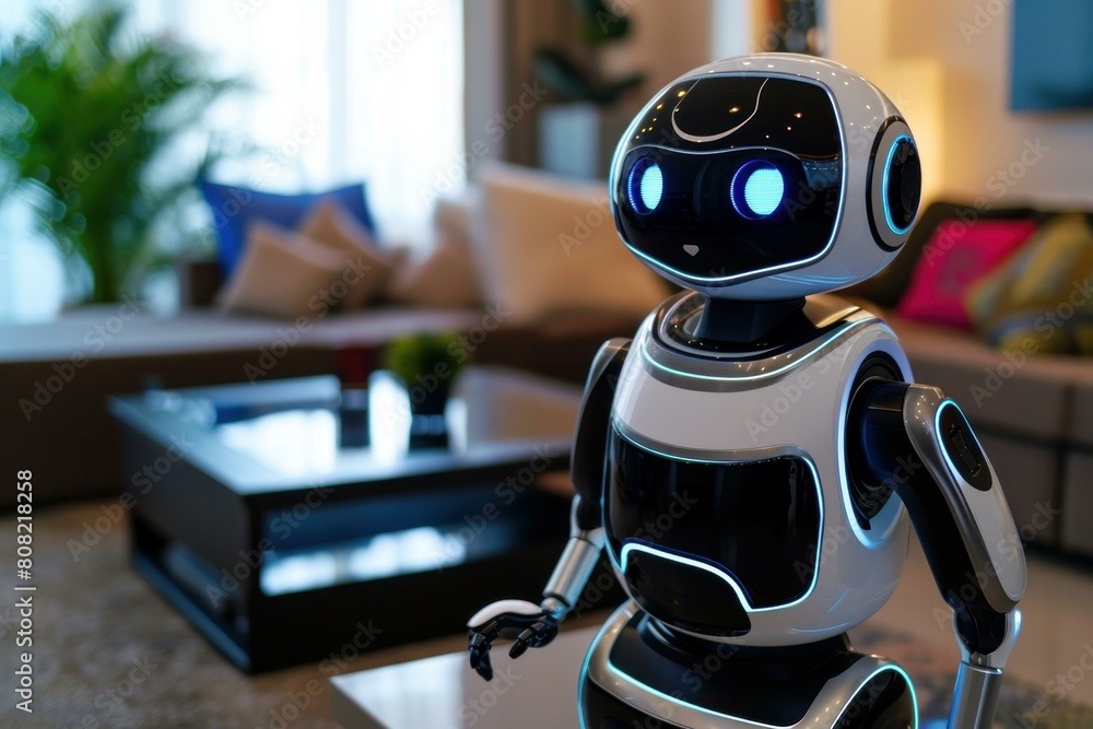 Ai robot sits in a modern living room, symbolizing advanced home automation and technology Ai robot sits in a modern living room, symbolizing advanced home automation and technology