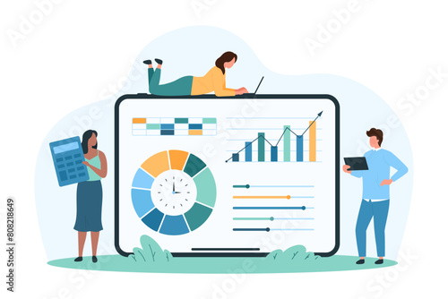 Software for data analysis, marketing analytics and statistics report in mobile app. Tiny people analyzing infographic graphs and charts performance on tablet screen cartoon vector illustration