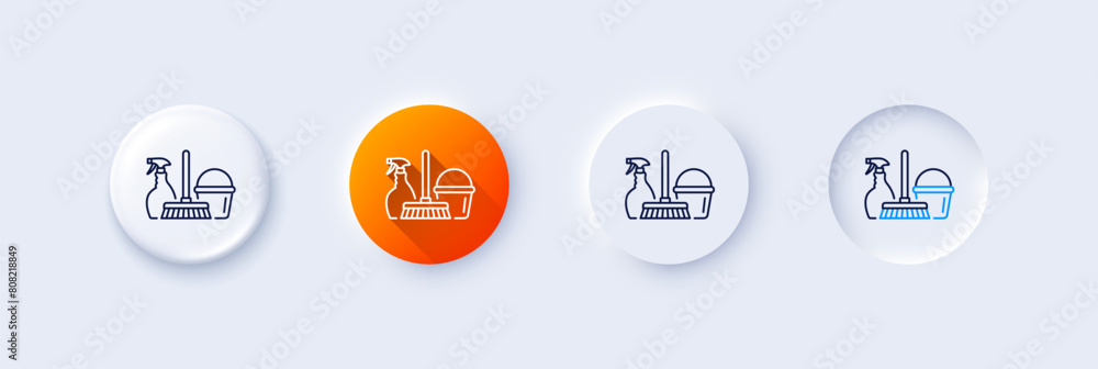 Cleaning service line icon. Neumorphic, Orange gradient, 3d pin buttons. Spray, bucket and mop symbol. Housekeeping equipment sign. Line icons. Neumorphic buttons with outline signs. Vector Cleaning service line icon. Neumorphic, Orange gradient, 3d pin buttons. Spray, bucket and mop symbol. Housekeeping equipment sign. Line icons. Neumorphic buttons with outline signs. Vector