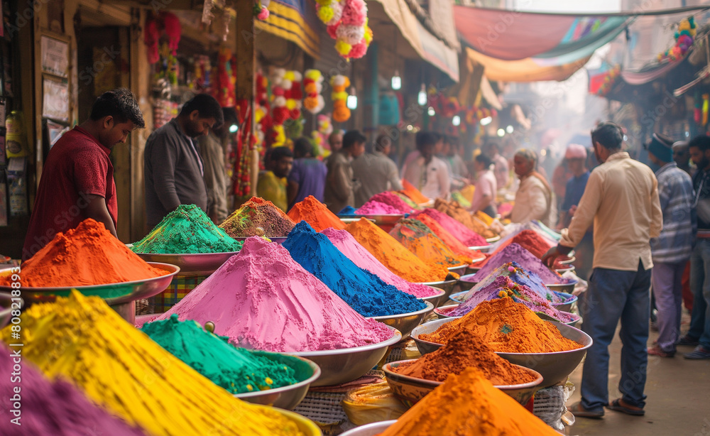 Street vendors selling colorful Holi powders at a bustling market.