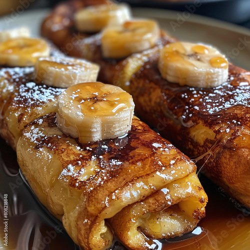 Plate of caramelized banana French toast rolls photo