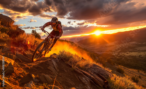 Action-packed photo of a mountain biker speeding down a rugged trail during sunset. 