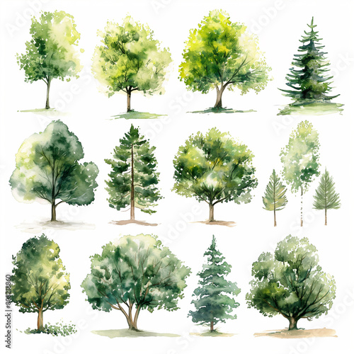 A set of twelve different types of trees  including pine  oak  and maple