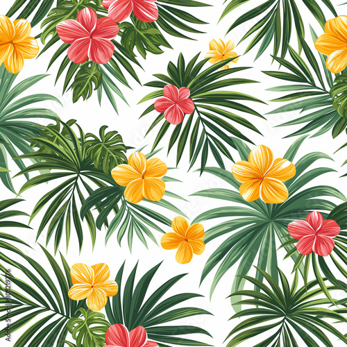 A tropical scene with a variety of flowers and leaves