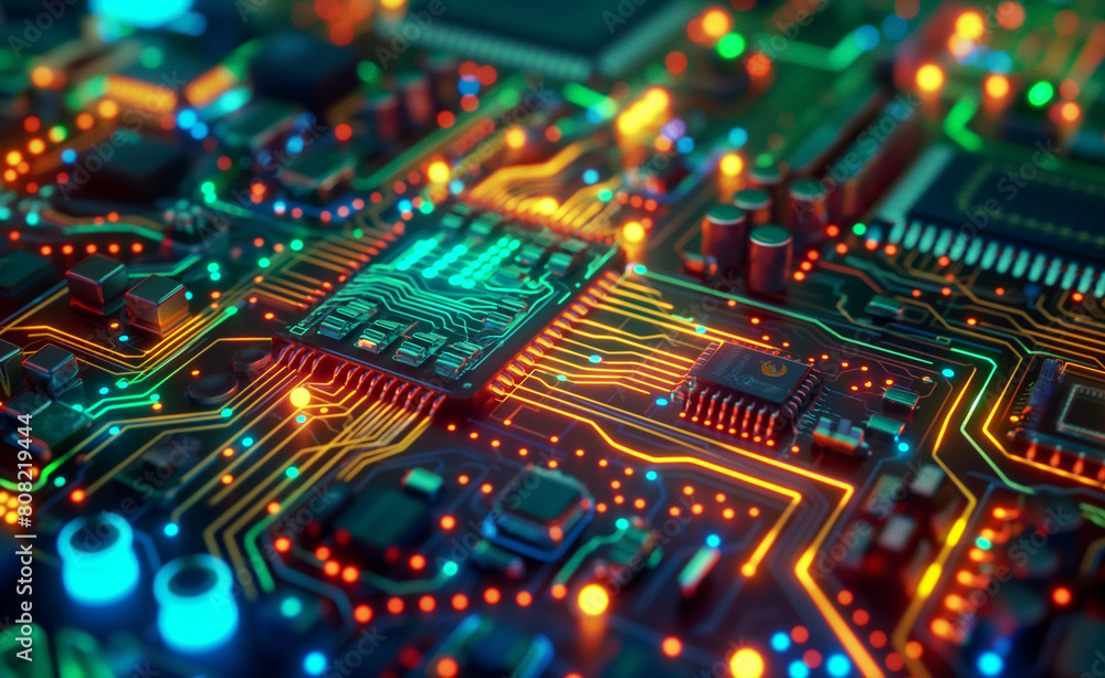 Obraz premium Neon Glow: Macro View of a Circuit Board