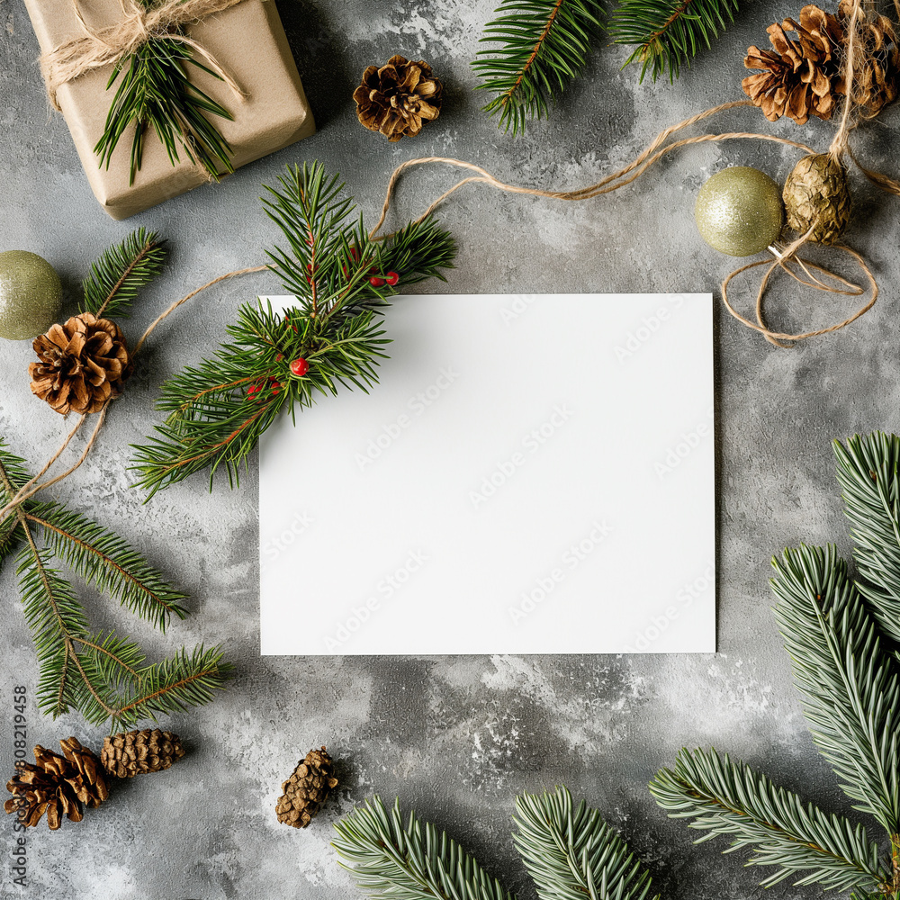 A white card with a pine tree on it sits on a grey surface A white card with a pine tree on it sits on a grey surface