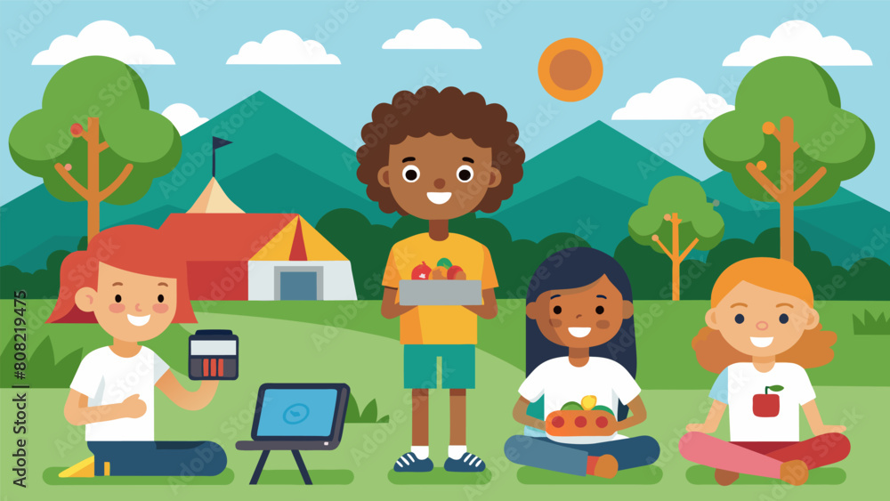 Fototapeta premium A summer camp offers a digital storytelling program for kids to create videos about food insecurity and promote solutions to end hunger in their. Vector illustration