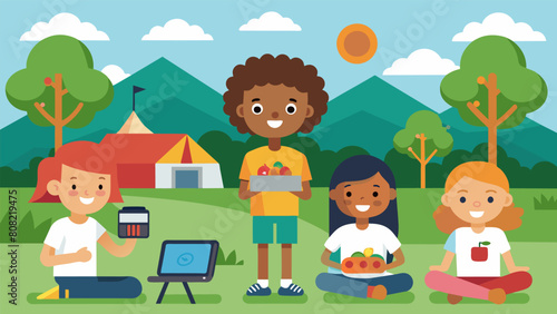 A summer camp offers a digital storytelling program for kids to create videos about food insecurity and promote solutions to end hunger in their. Vector illustration © Justlight