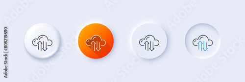 Cloud computing sync line icon. Neumorphic, Orange gradient, 3d pin buttons. Internet data storage sign. File hosting technology symbol. Line icons. Neumorphic buttons with outline signs. Vector