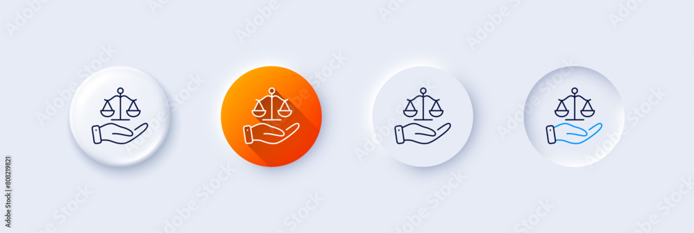 Justice scales line icon. Neumorphic, Orange gradient, 3d pin buttons. Judgement scale sign. Legal law symbol. Line icons. Neumorphic buttons with outline signs. Vector Justice scales line icon. Neumorphic, Orange gradient, 3d pin buttons. Judgement scale sign. Legal law symbol. Line icons. Neumorphic buttons with outline signs. Vector