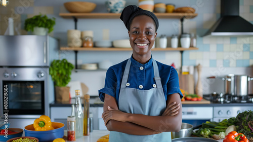 A female chef standing in a kitchen with her arms crossed, showcasing confidence and authority.