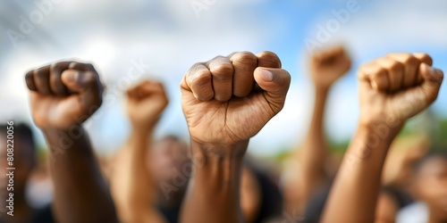 Interracial group raising fists in solidarity Black Lives Matter protest against racism. Concept Activism, Unity, Diversity, Social Justice, Equality © Ян Заболотний
