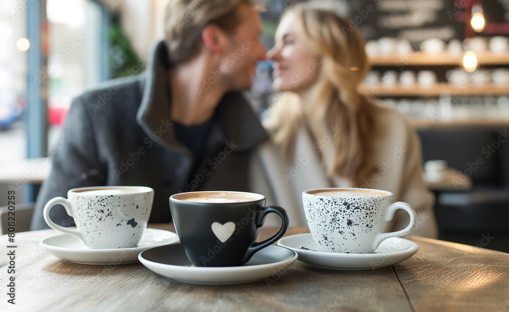 Two cups of coffee and in the background blurry for people.. Couple on a coffee date in a trendy urban café. Two cups of coffee and in the background blurry for people.. Couple on a coffee date in a trendy urban café.