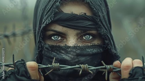 Woman Wearing Black Mask Behind Barbed Wire