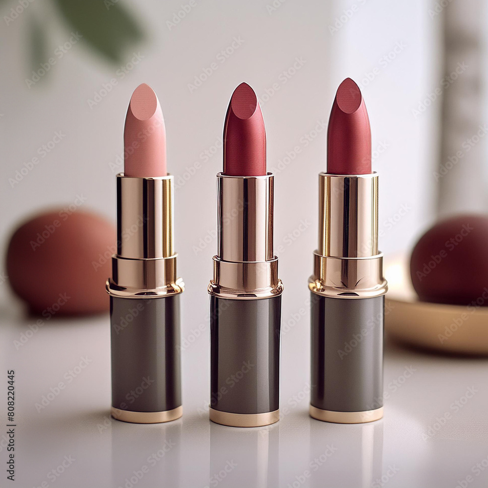 Três batons sem tampa, rosa e vermelho, em ambiente elegante, divulgação de produto Três batons sem tampa, rosa e vermelho, em ambiente elegante, divulgação de produto