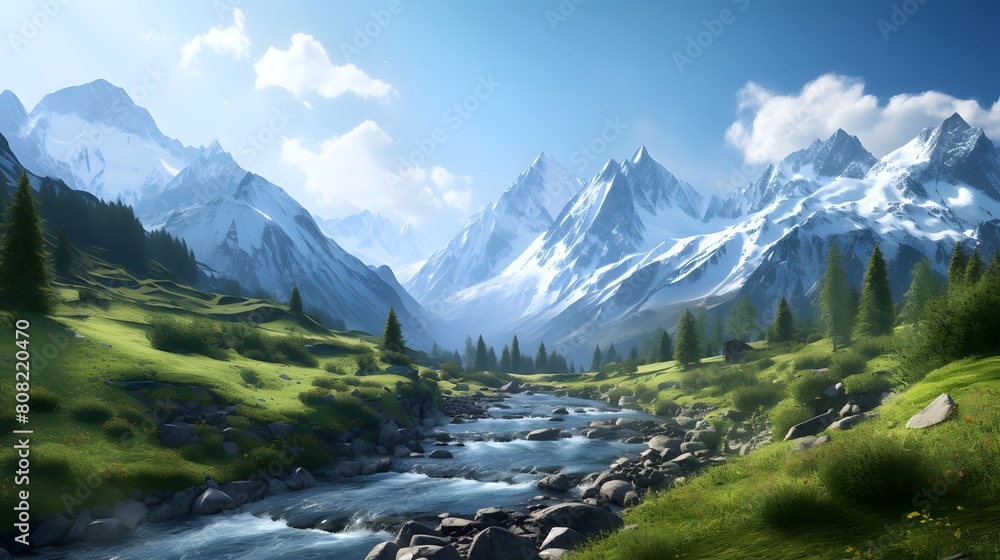 Mountain landscape panorama with a river and high peaks in the background