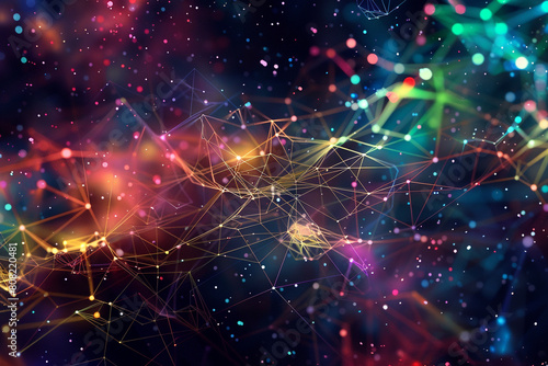A cosmic scene of digital communication, with colorful lines weaving through space to connect nodes.