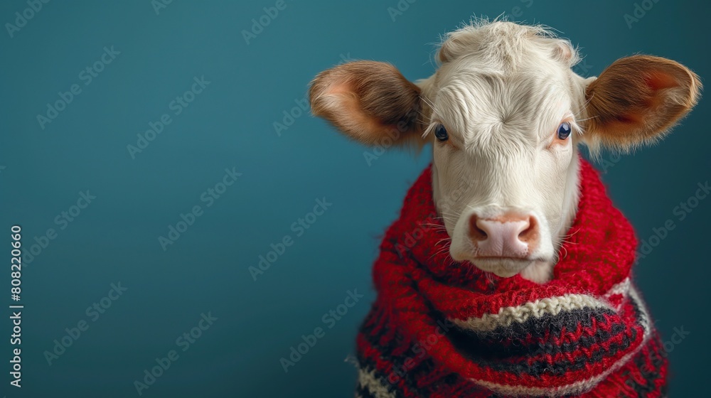 Adorable Calf with Expressive Eyes Wrapped in a Cozy Red and Black Knitted Scarf Against a Teal Background Adorable Calf with Expressive Eyes Wrapped in a Cozy Red and Black Knitted Scarf Against a Teal Background