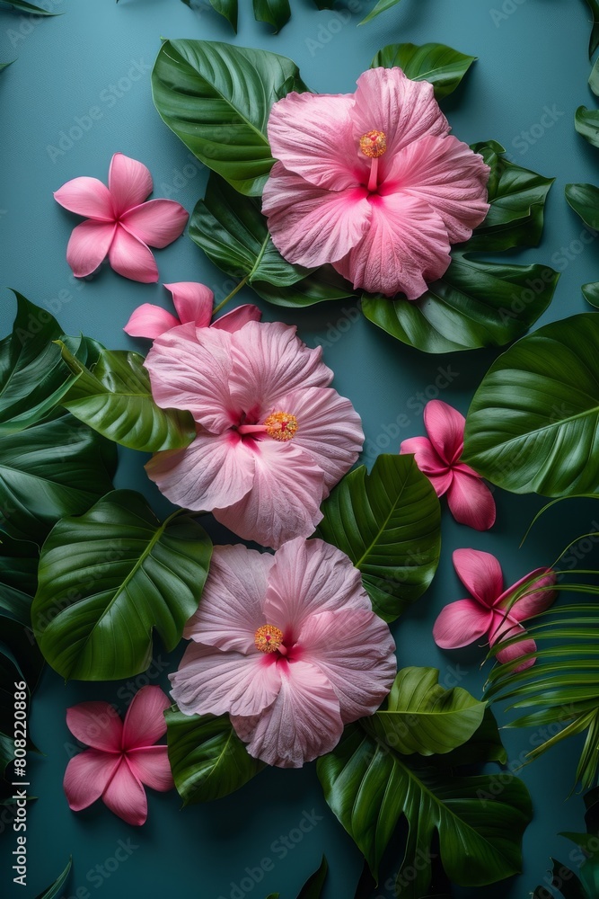Pink Flowers and Green Leaves on Blue Background Pink Flowers and Green Leaves on Blue Background