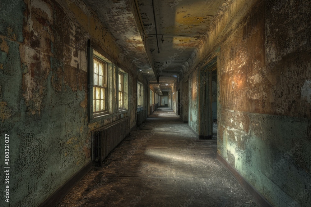Eerie abandoned asylum corridor with peeling paint and sunset light casting shadows