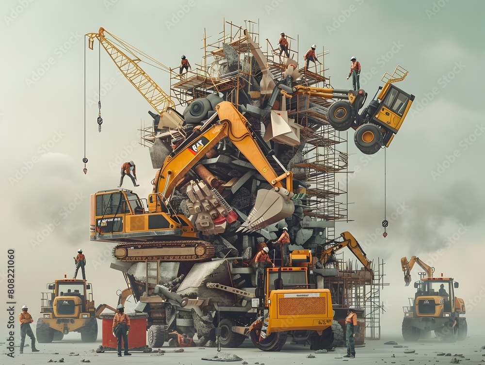 Surreal Construction Site with Towering Machinery and Scrap Pile