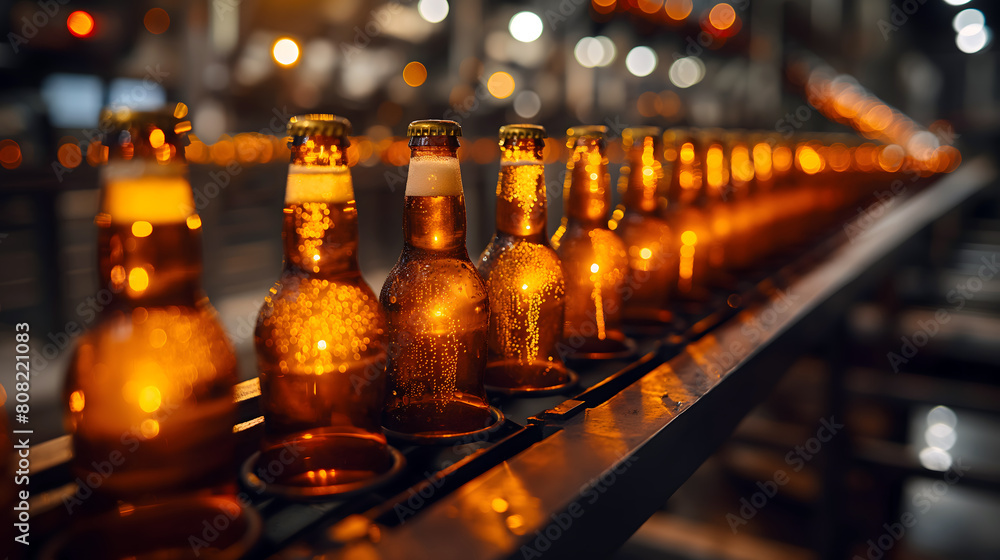 Automated beer bottling process in a brewery with glowing amber bottles Automated beer bottling process in a brewery with glowing amber bottles