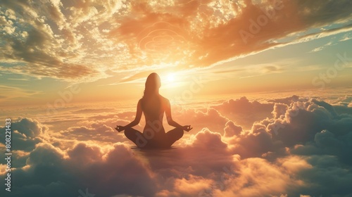 The picture of the young or adult female human doing the yoga pose for relaxation or meditating the mind in the middle of the nature under the bright sun in the daytime of a dawn or dusk day. AIGX03. #808221433