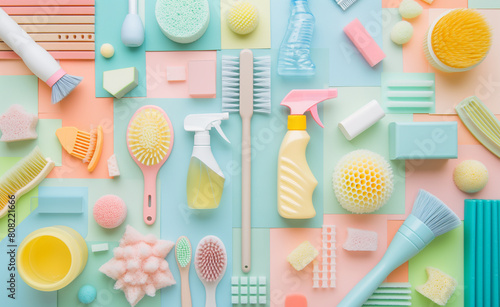 Cleaning supplies in an artistic layout, focusing on color coordination and geometric patterns. Include items like colorful brushes, sponges, and bottles on a complementing pastel background.