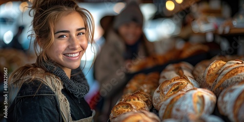 Happy and smiling people  buying bread at the supermarket bakery