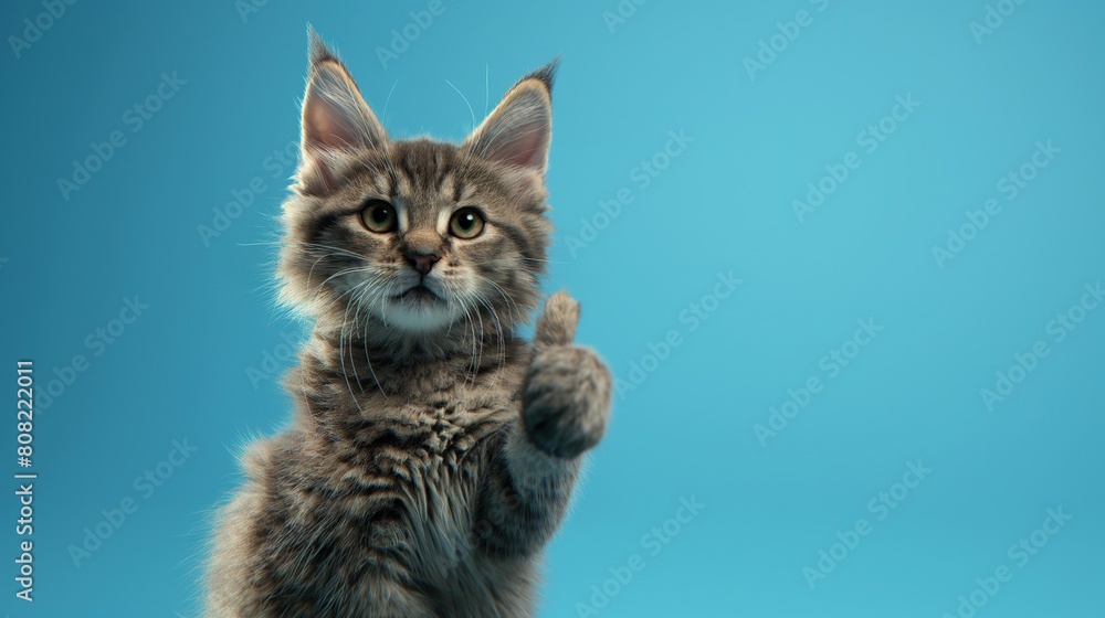 Obraz premium Adorable Tabby Kitten Looking Upwards and Raising Its Paw, Captured Against a Smooth Blue Background