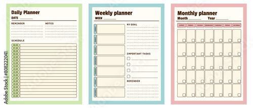 Vector set of minimalist planners. Monthly, weekly, daily planner template. Vector illustration