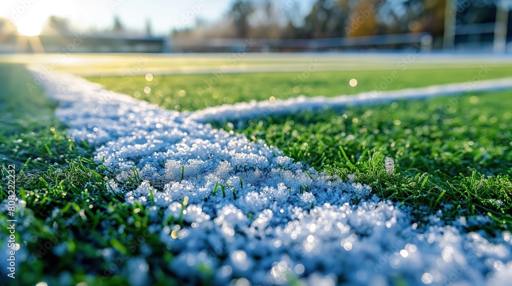 A frost-covered soccer field under the crisp morning light, highlighting the texture and patterns of frost on the green grass