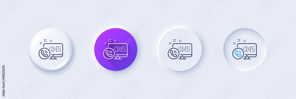 Web call center service line icon. Neumorphic, Purple gradient, 3d pin buttons. Phone support sign. Feedback symbol. Line icons. Neumorphic buttons with outline signs. Vector Web call center service line icon. Neumorphic, Purple gradient, 3d pin buttons. Phone support sign. Feedback symbol. Line icons. Neumorphic buttons with outline signs. Vector